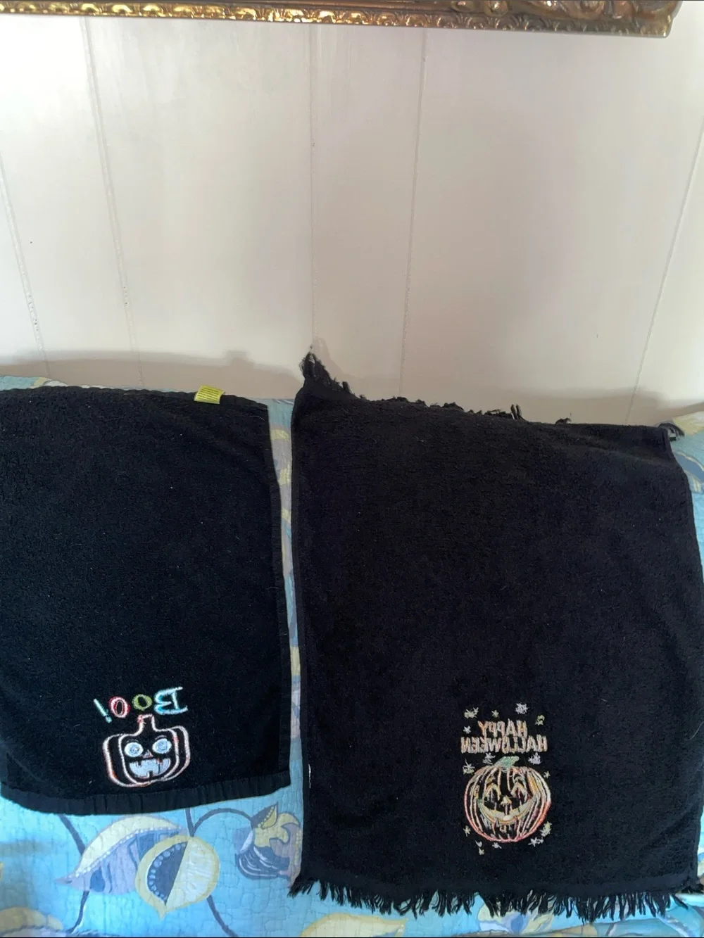 Two plush black Halloween towels - one hand towel & one fingertip
